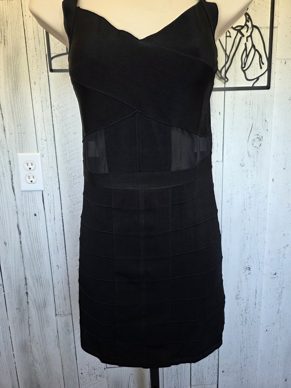 Bebe Black Bandage Bodycon Mini Dress Mesh Cutout Size M Date Night Going Out - Picture 2 of 13